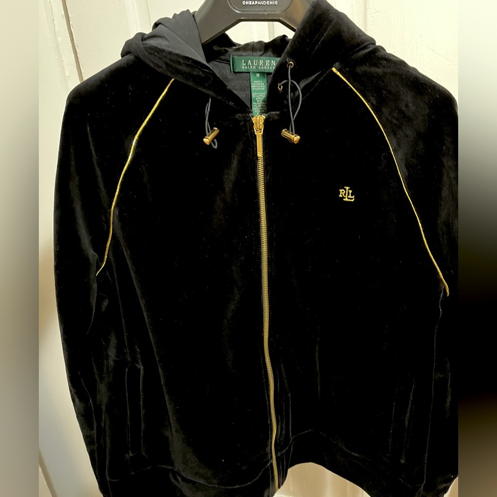 Lauren Ralph Women Velour Velvet
Full Zip Hoodie Jacket Black Gold Zipper